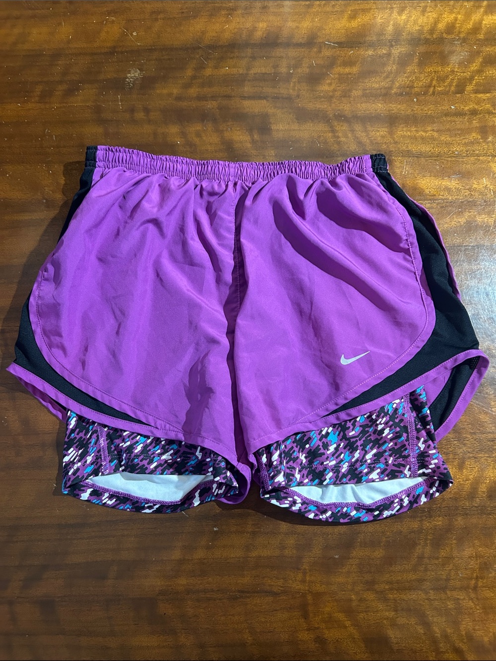 Nike Women’s Purple Layered Athletic Shorts with Printed Inner Liner